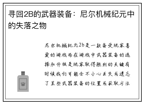 寻回2B的武器装备：尼尔机械纪元中的失落之物